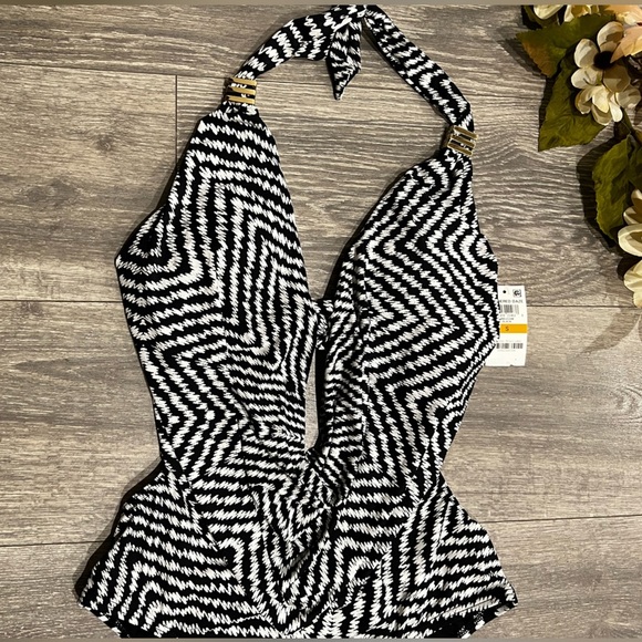 Bar III Cabo cowlneck drapey black white zigzag One-Piece monokini Swimsuit. S - Picture 5 of 11